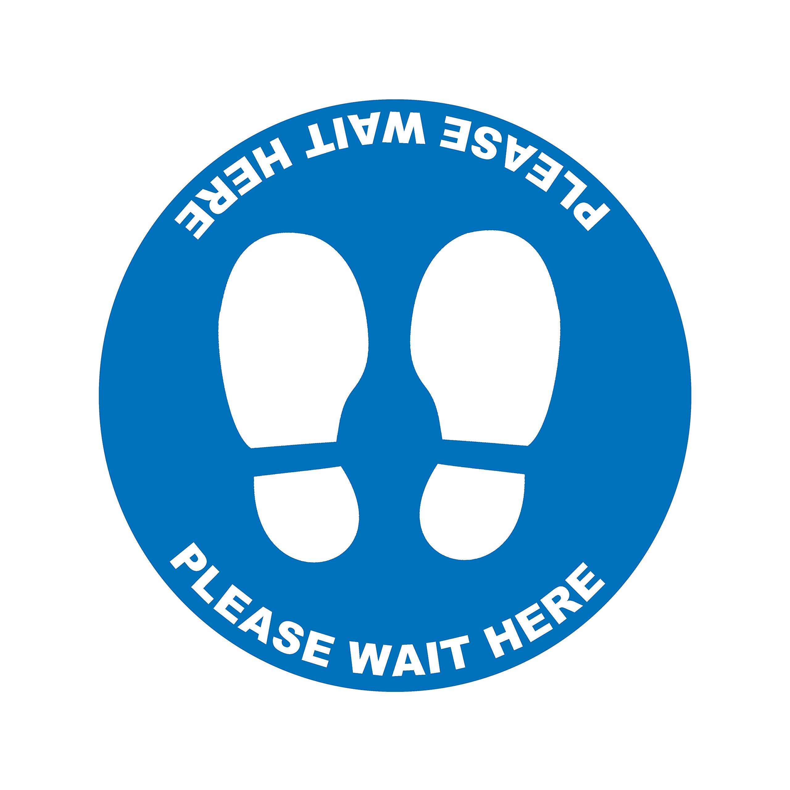 2 x please wait here blue - social distancing landscape floor safety sign self adhesive vinyl weather proof label sticker - 30cm x 30cm - (SC-40)