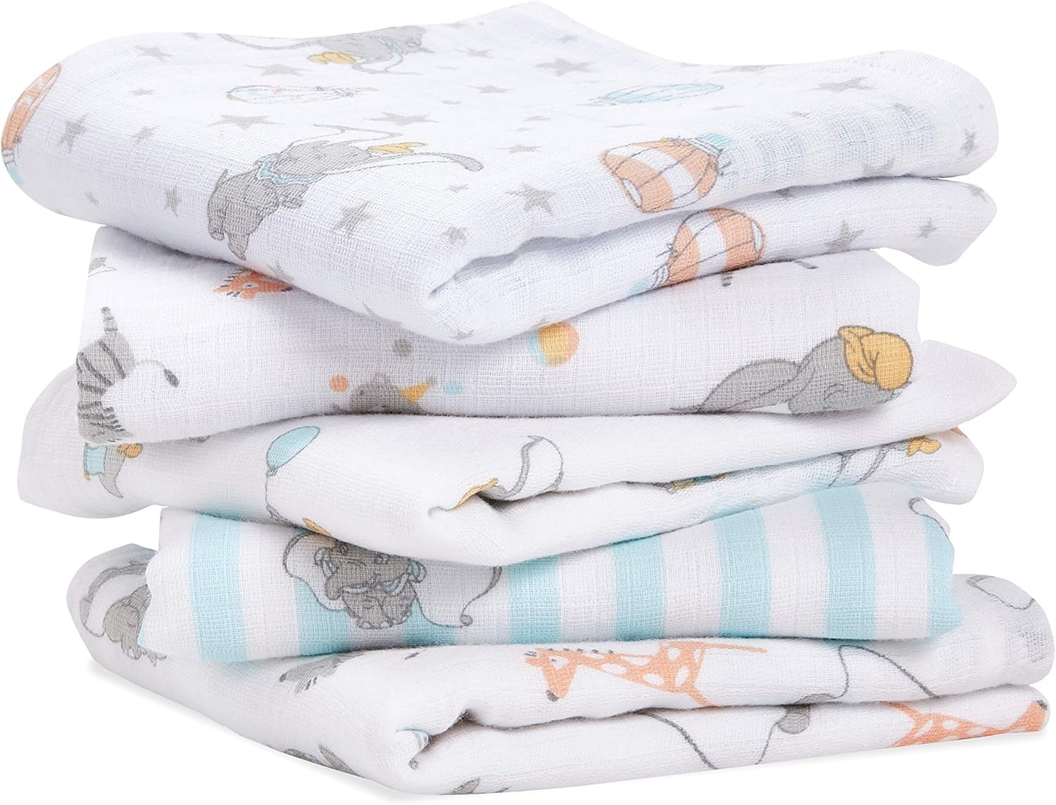 aden + anais essentials 100% Cotton Muslin Musy Squares, Multi-use Baby Cloths for Girls & Boys, 60x60cm, Ideal Newborn & Infant Nursing Set, Perfect Shower Gifts, 5 Pack, dumbo new heights