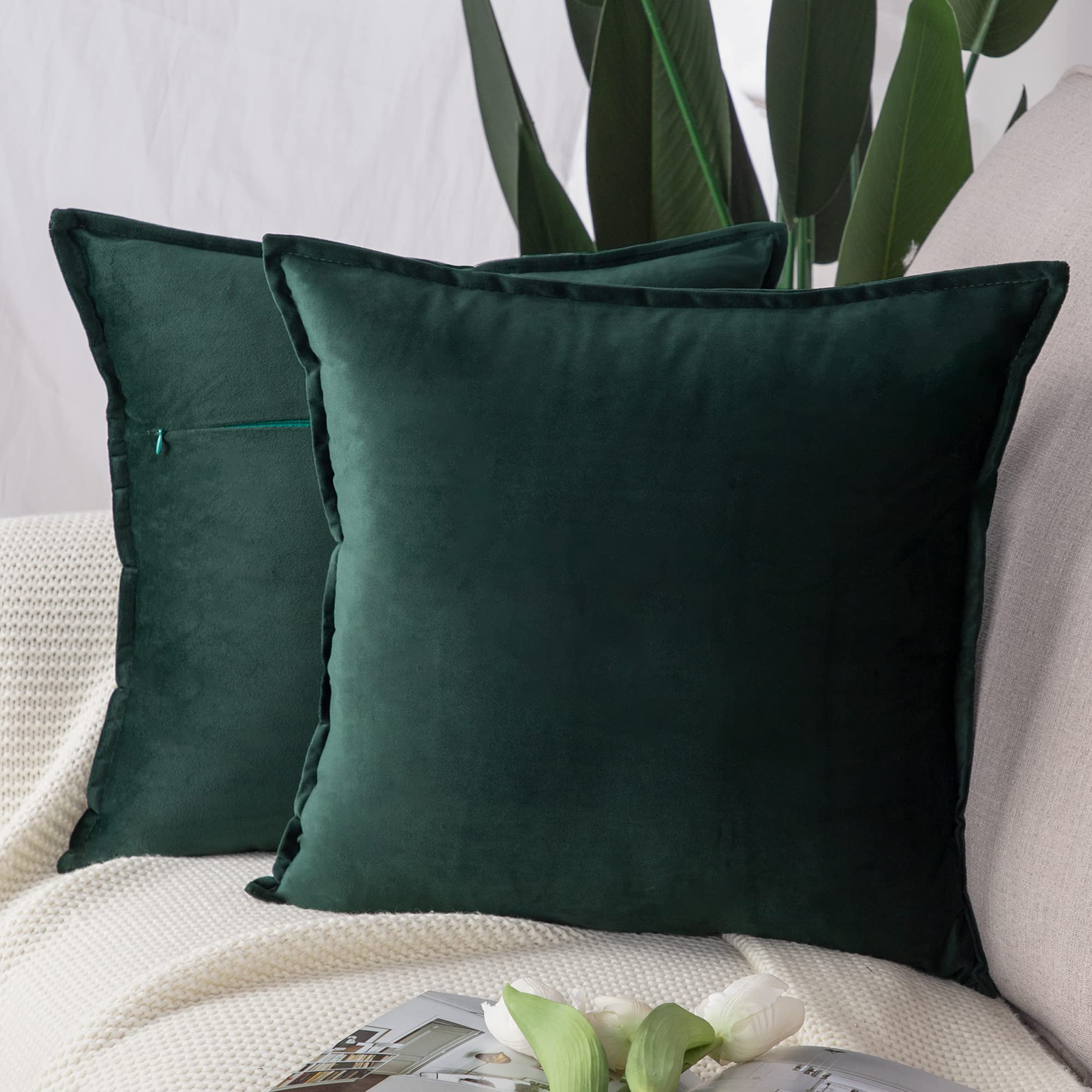 Madizz Pack of 2 Super Soft Velvet Decorative Cushion Covers with Fringe Luxury Style Cushion Case European Pillow Shell for Sofa Bedroom Square Army Green 26x26 inch, 65x65 cm
