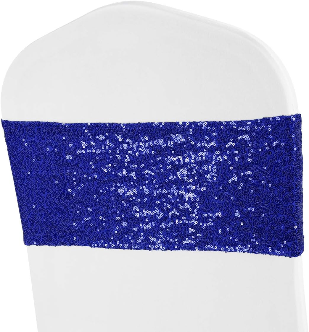 ANMINY Pack of 10 Sequin Chair Sashes Decorative All Around Sequins Stretch Sash Band for Chair Cover Romantic Wedding Party Festival Home Decor Ceremony Banquet Hotel Event Reception, Royal Blue: Kitchen & Dining