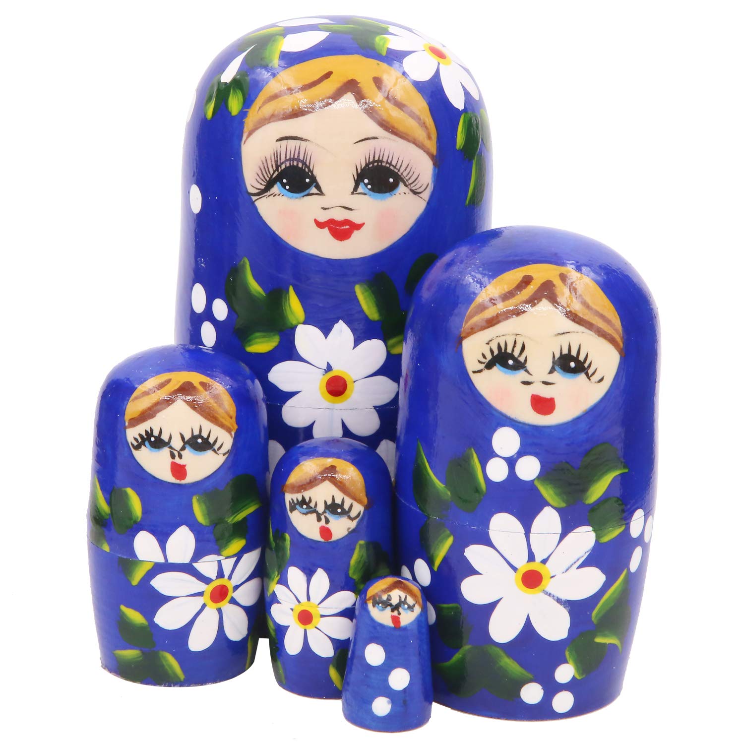 Winterworm Set of 5 Blue Blonde Hair Girl Wooden Stacking Toy Toddler Babushka Matryoshka Russian Nesting Doll for Kids Toy Birthday