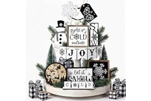 FAIRYSANDY Winter Tiered Tray Decor Set Snowman Snowflake Table Decor Christmas Tree Wooden Sign Farmhouse Coffee Spice Blocks Winter Decoration for Christmas Home Table Shelf
