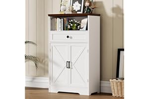 Viroformo White Floor Cabinet, Farmhouse Storage Cabinet with Barn Doors and Drawer, Freestanding Adjustable Shelf Cabinets for Bathroom, Kitchen, Living Room