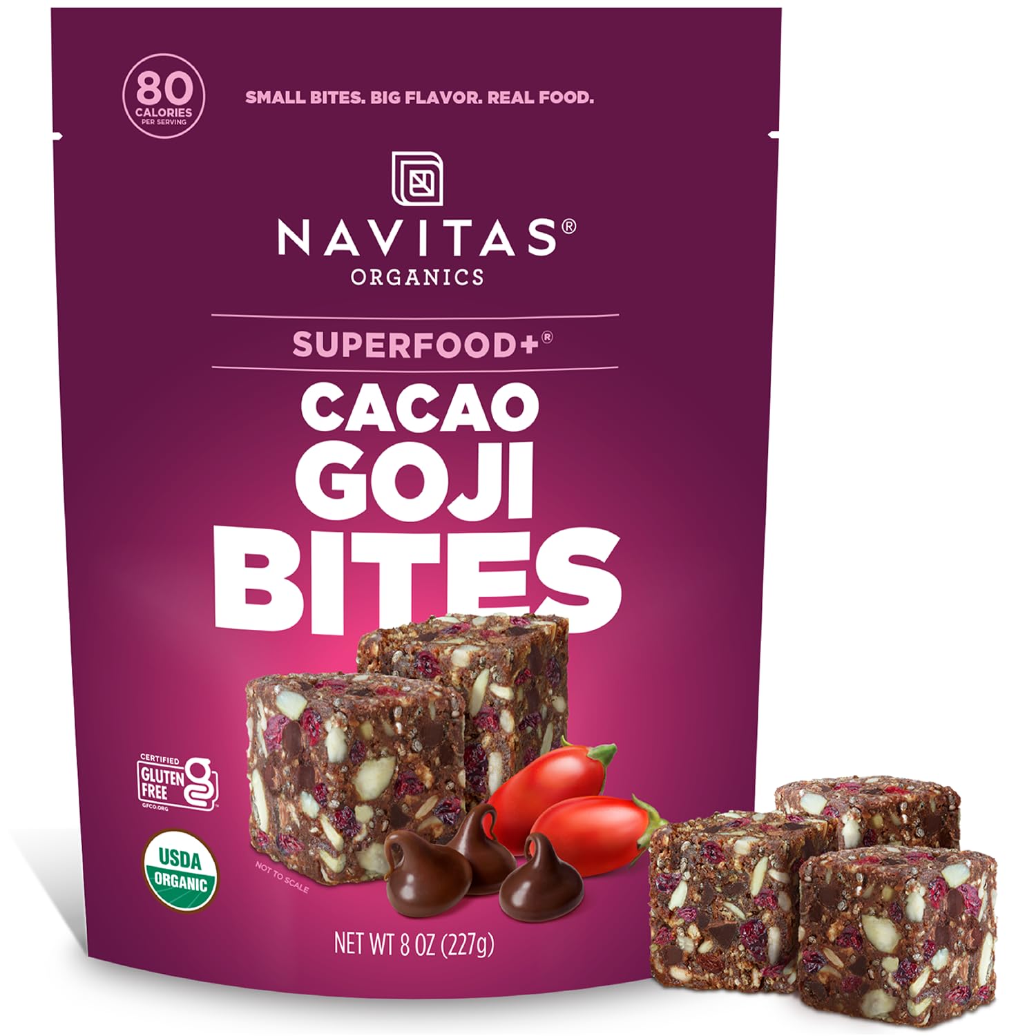 Navitas Organics Superfood Power Snacks, Cacao Goji, 8 oz. Bag, 11 Servings — Organic, Non-GMO, Gluten-Free