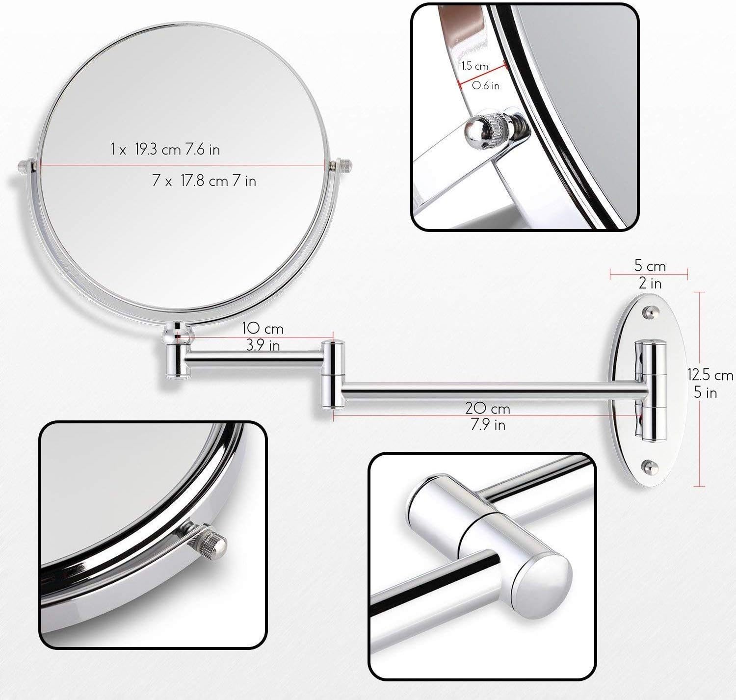 Miusco Wall Mounted Makeup Mirror, Premium 10X Magnifying 8'' Two-Sided Bathroom Vanity Mirror, Extendable Arm, Round, Chrome: Furniture & Decor