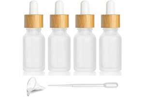 FURNIDO 4 Pcs Bamboo Frosted Glass Eye Dropper Bottle,Empty Essential Oil Bottles With Pure Glass Pipettes,Bamboo Cap Makeup Travel Cosmetic Sample Container-Pipette&Funnel included (15ml/0.5 Ounce)