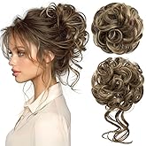 CJL HAIR 2PCS Messy Bun Hair Pieces Wavy Curly Synthetic Updo Chignon Fake Scrunchies Ponytail Extension for Women Brunette/Ash Blonde