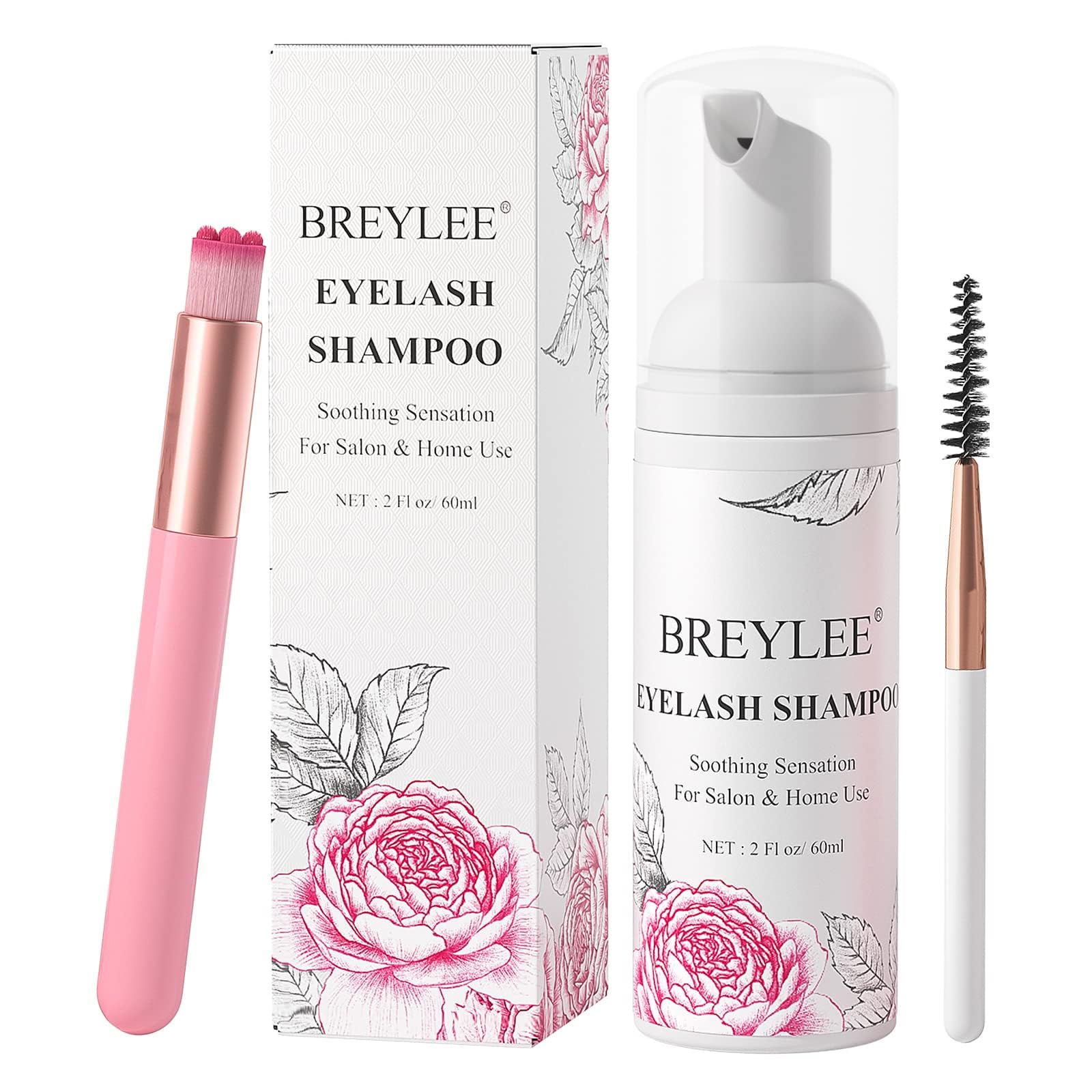 Eyelash Extension Shampoo 60ml + Brush + Mascara Wand Eyelid Foaming Cleansing,Lash Shampoo Cleaner,Nourishing Formula,Paraben & Sulfate Free,Makeup Remover,Salon and Home use