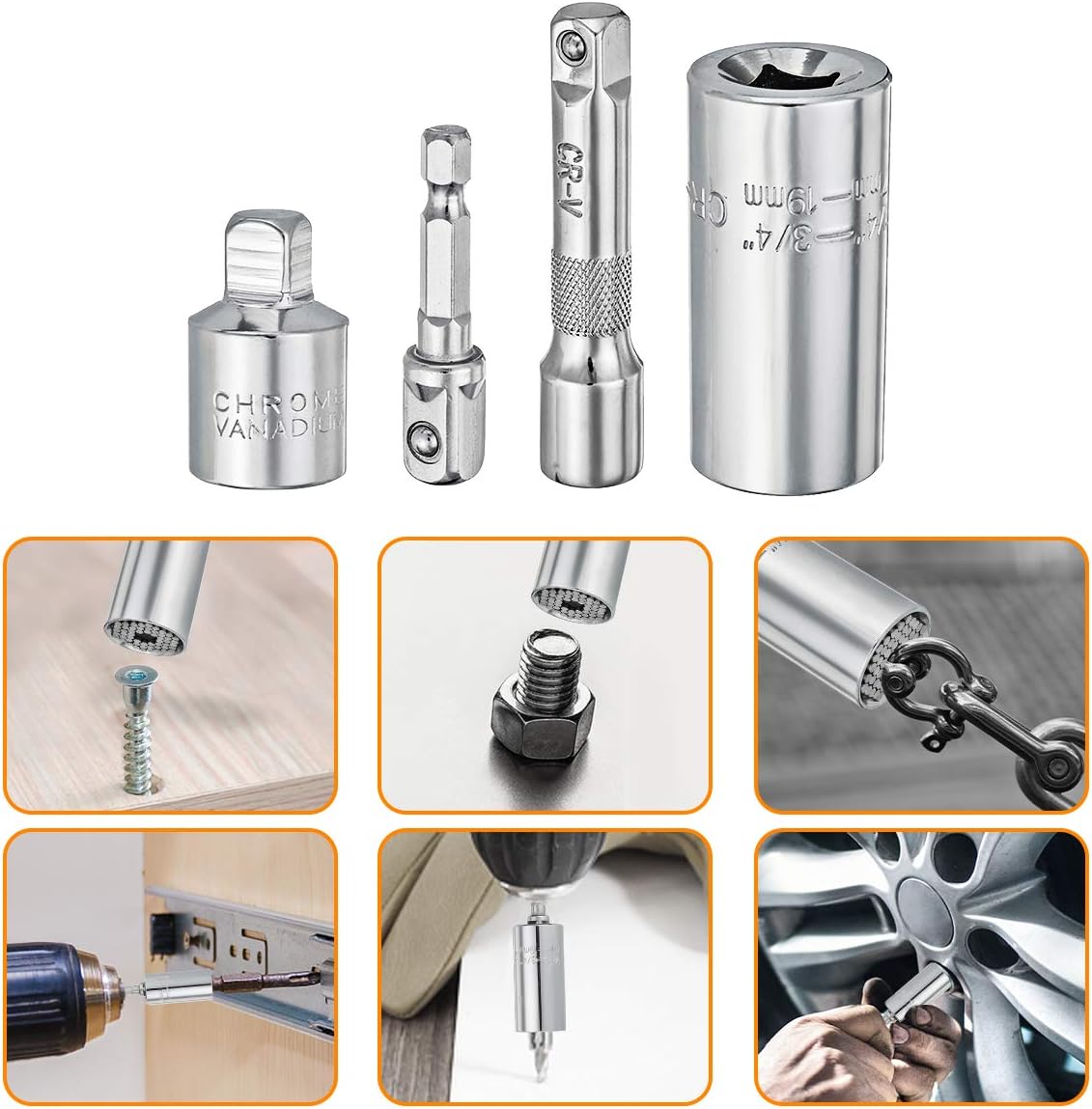 Universal Socket, NASUM 1/4’’- 3/4’’ (7mm-19mm) Socket Tool Sets with Multi-Function Ratchet Wrench Power Drill Adapter, 4Pc Set, Gift for DIY Handyman, Father, Husband, Men, Women - - 