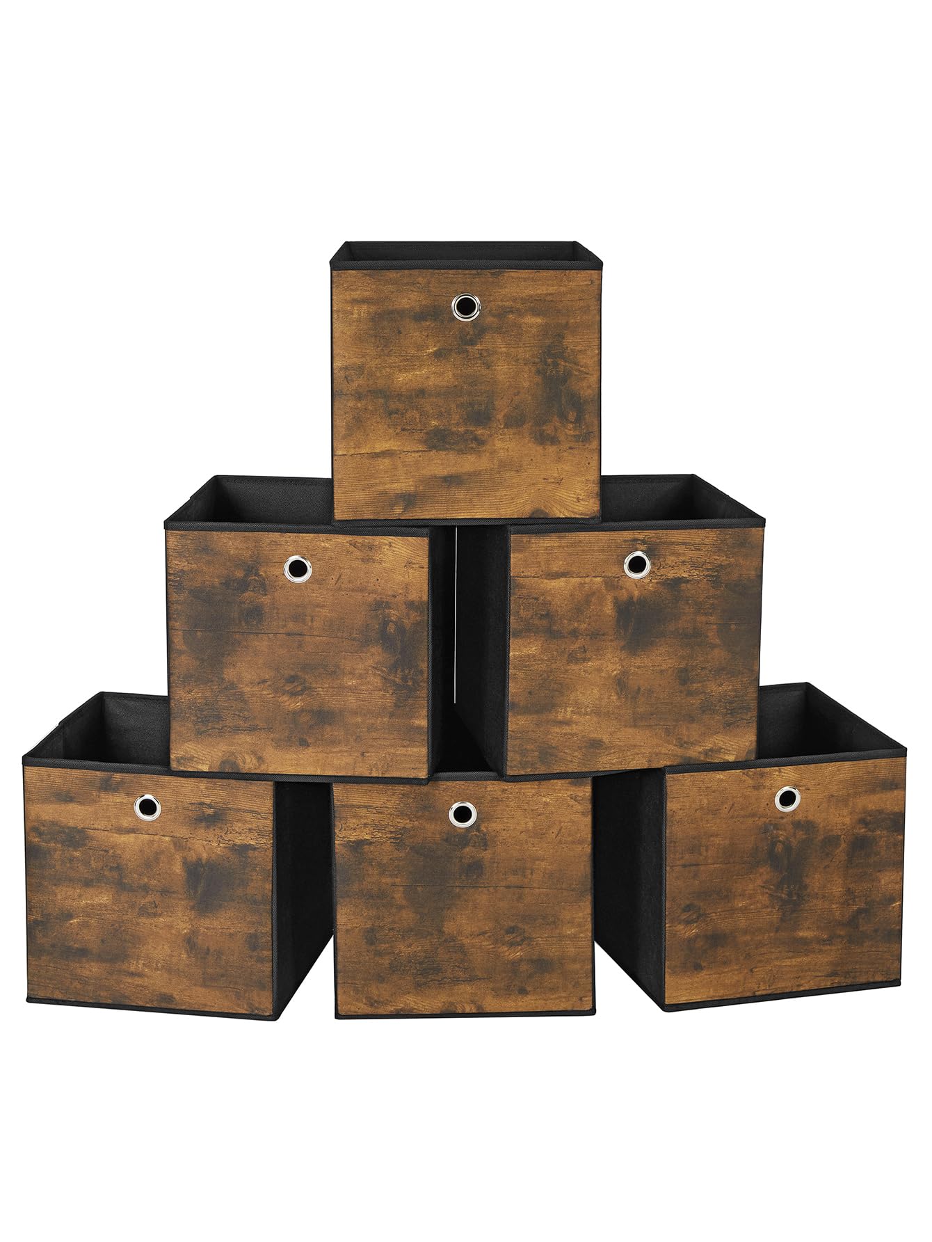 SONGMICS RFB102B01 Storage Box, Set of 6, Box with Handle, Non-woven and Oxford Fabric, 30 x 30 x 30 cm, Suitable for Cubic Furniture, Foldable, Clothes, Rustic Brown and Black