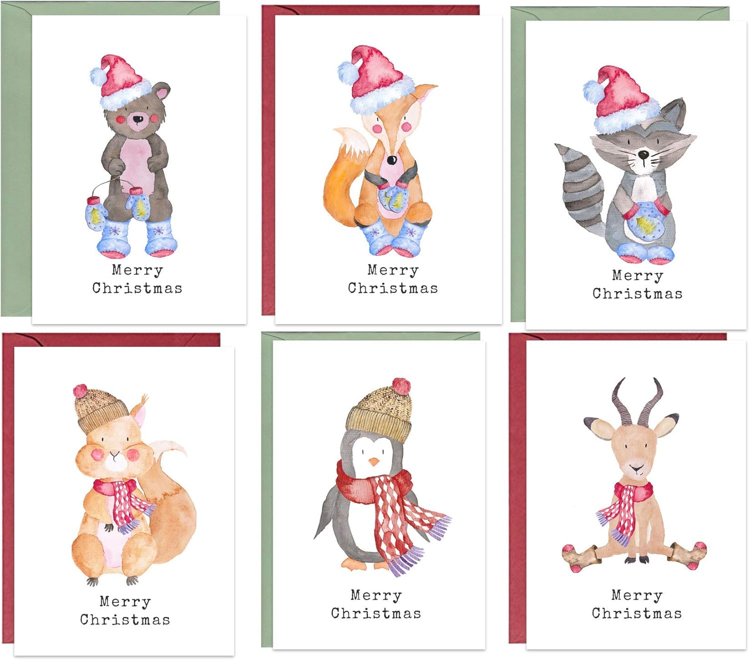 48 Recycled, Eco Friendly, Cute Animal Christmas Cards with Envelopes, beige|white|grey|red, 14.8cm x 10.5cm
