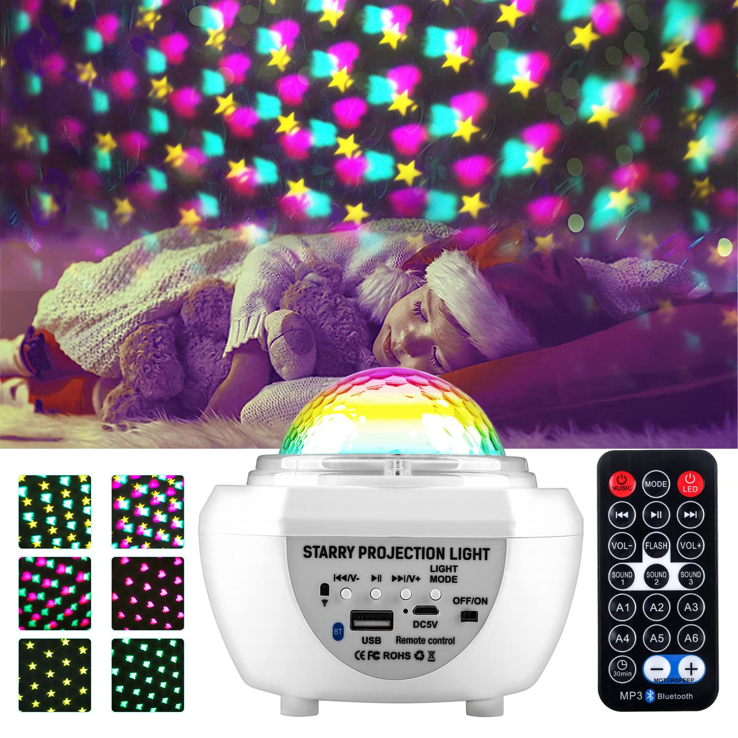 jindaaudio Led Baby Night Lights Projector,Star Light Projector for Kids,360° Timing Sensory Lights,Kids Night Light Bedroom with Remote Control, USB Rechargeable Bluetooth Music Speaker