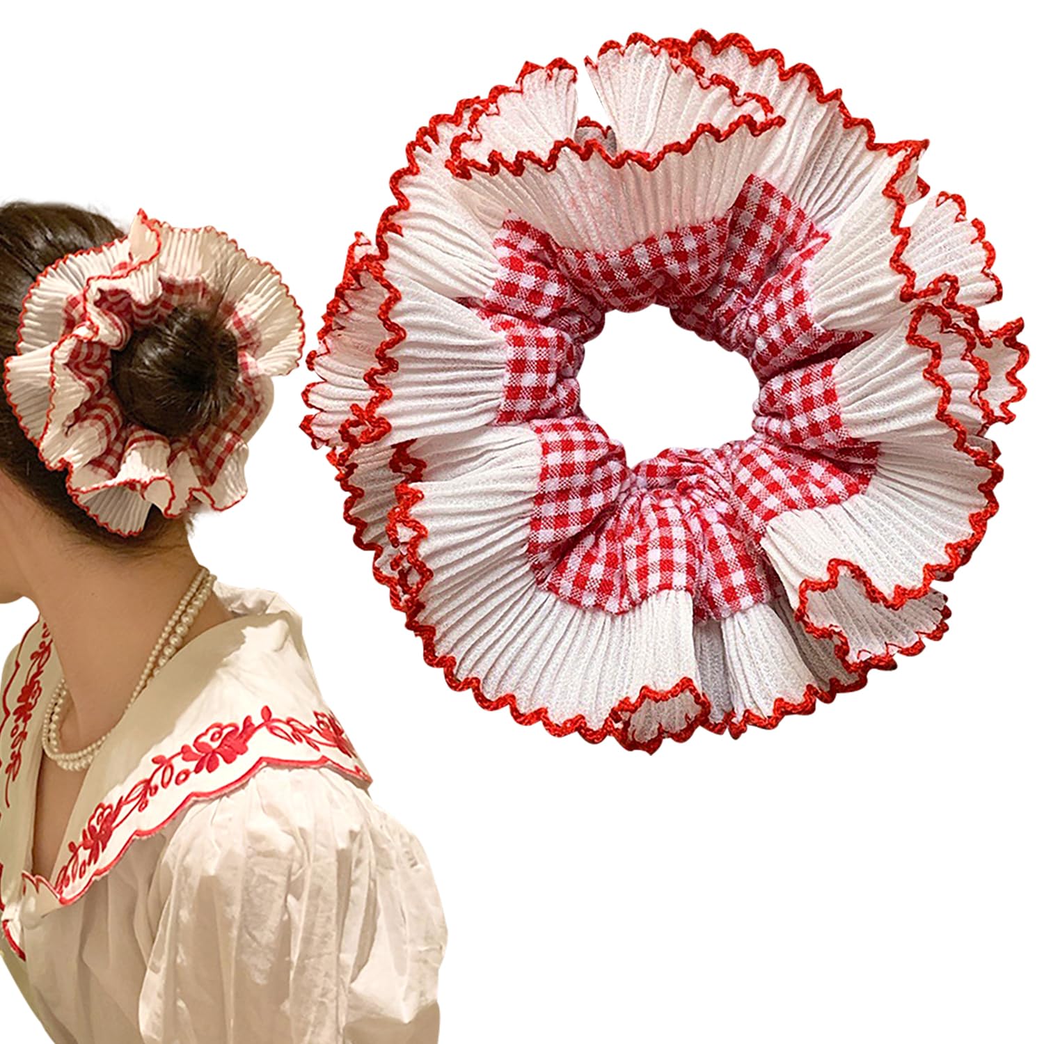 1 PCS Oversized Frilly Red White Gingham Scrunchie, Lace Elastic Hair Tie Rope, Ponytail Holder Accessory for Ladies Girls With Thick Hair