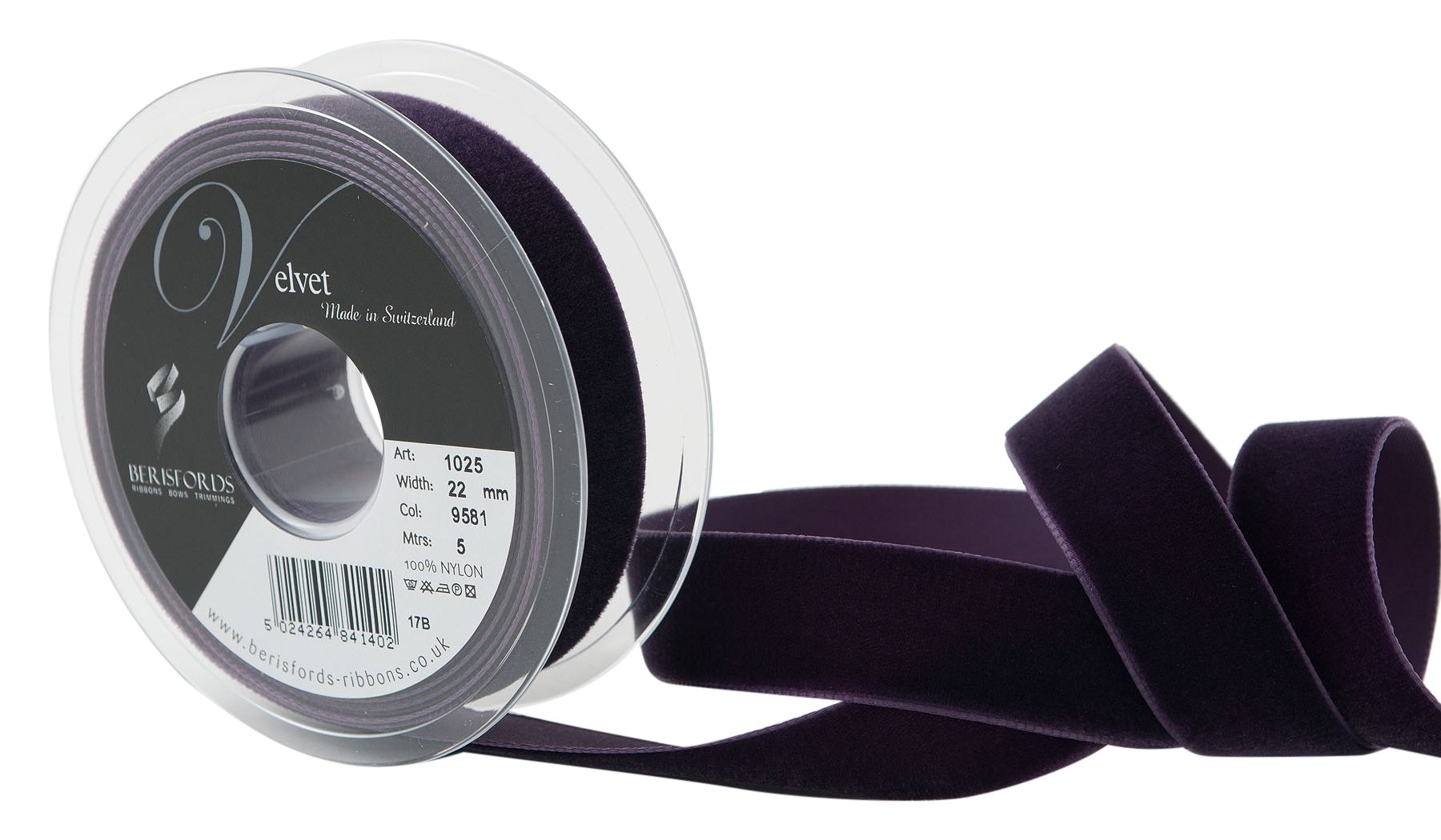 Berisfords Velvet Ribbon, Plum, 102 x 30 x 102 cm