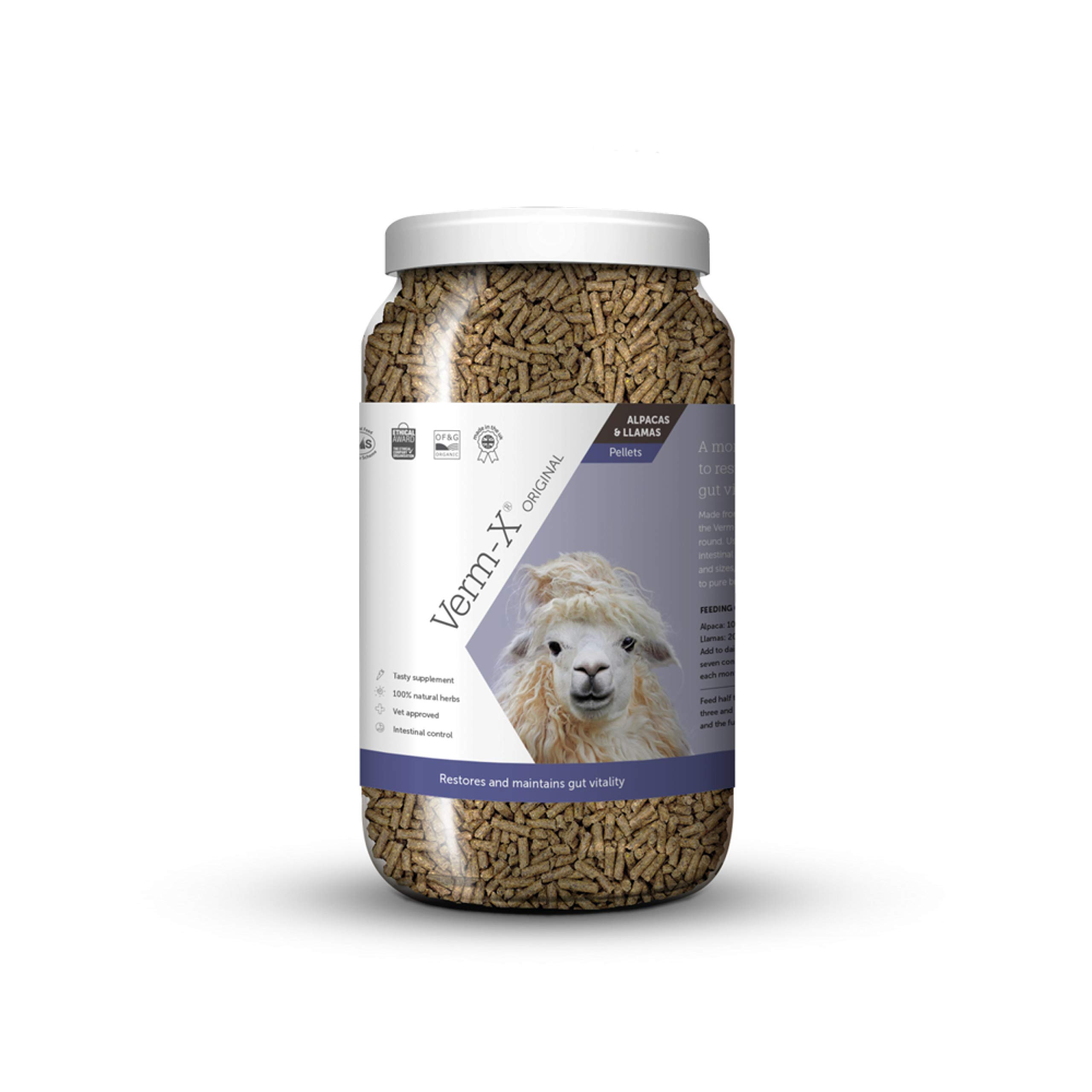 Verm-X Original All Natural Pellets for Alpacas and Llamas. Approved for Use on Organic Farms. Supports Intestinal Hygiene. Vet Approved. Maintains Gut Vitality. Wormwood Free Recipe.