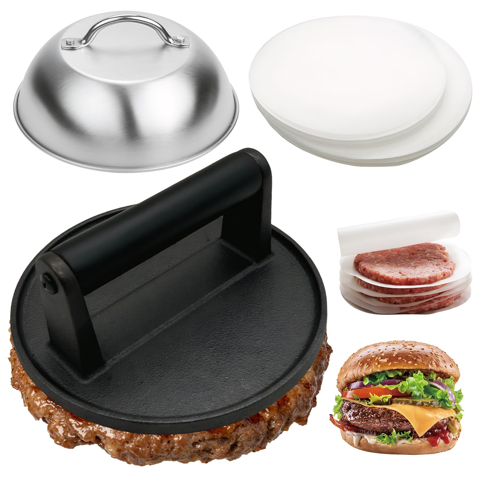 Burger Smasher, Heavy Duty Burger Smasher with Stainless Steel Steak Cover, 100 PCS Interlayer Papers for Hamburger, Bacon, Sandwich, BBQ Grilling Accessories