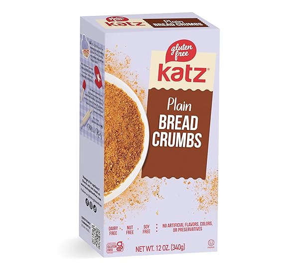 KATZ GLUTEN FREE BREAD CRUMBS PLAIN UNSEASONED. CRISPY FLAVORFUL COATING. PERFECT FOR BAKING & COOKING. KOSHER, DAIRY FREE, SOY FREE, NUT FREE. 12 OZ (PACK OF 1)
