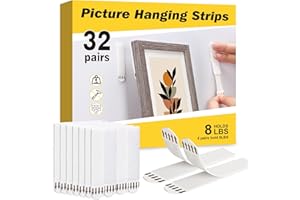 Fixwal Picture Hanging Strips Kit, 32 Pairs(64 Strips) Medium Size Heavy Duty Picture Hanger Kit, Removable Damage Free,Picture Hanging Hooks for Living Room,Bedroom, 0.63"x 2.8"(White)