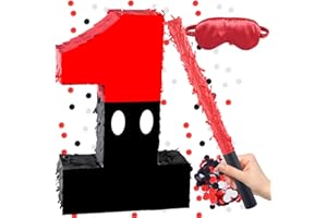 JHGCVX Red & Black Pinata, Number 1 Birthday Pinata with 16 Inch Piñata Stick Blindfold Confetti for 1st Kids Boys Girls Birthday Decorations Party Supplies, 16″ x 11″ x 3″(1st)