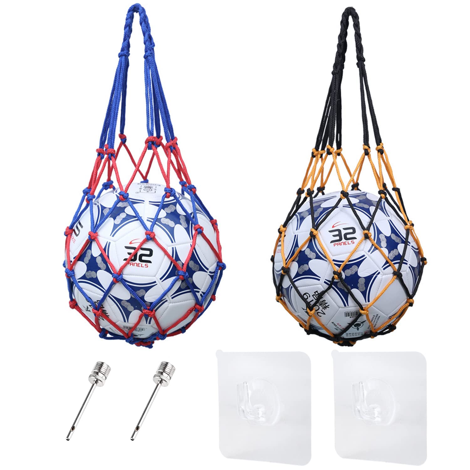 NINVVS 2 Pieces of Ball net Bag, with 2 Pieces of Ball Pump Needle and 2 Pieces of Hook, Portable Braided Rope Bag for Ball, Ball Braided Rope net Bag, Large Rope Tennis Bag Ball Bag