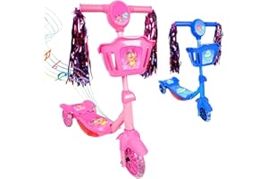 Patinete Infantil 3 Rodas com Luzes Led e Cesta Emite Som Musical Altura Regulável e Freio Traseiro (Rosa)