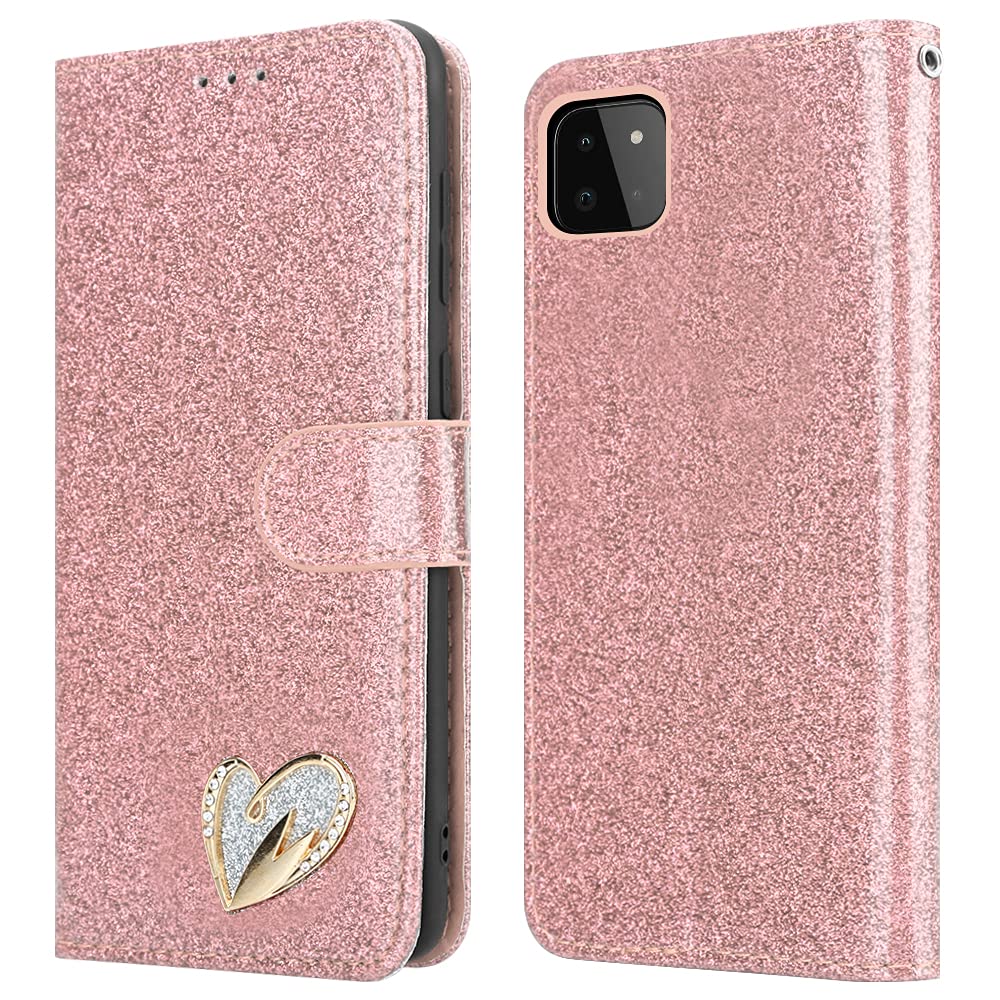 iPEAK For Samsung Galaxy A22 5G Case (6.6'') Shiny Leather Bling Glitter Book Flip Stand Card Wallet Protective Cover For Samsung Galaxy A22 5G Phone (Rosegold)