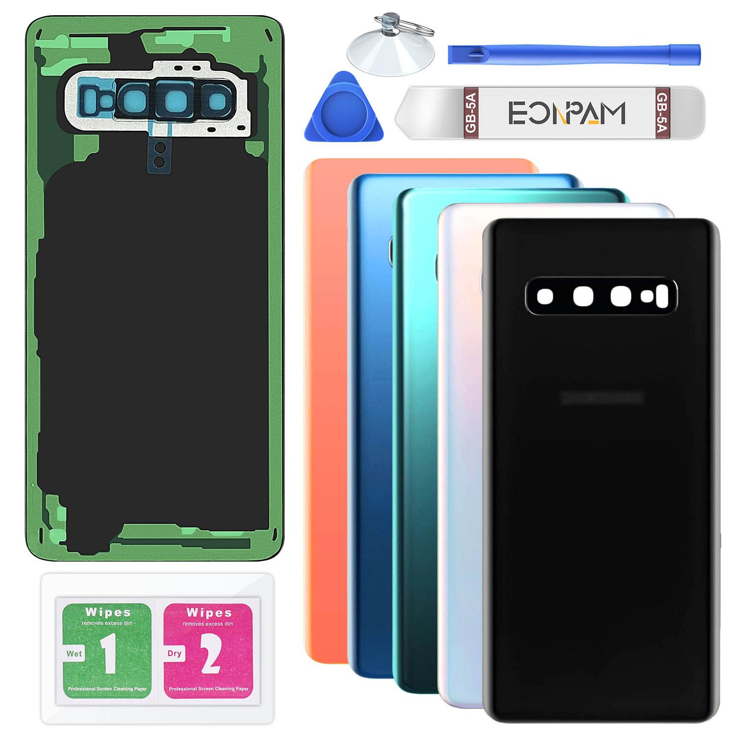 Eonpam Back Cover Glass for Samsung Galaxy S10 G973 Rear Glass Replacement with Camera Lens + Repair Kit Genuine Rear Housing (Prism Black)