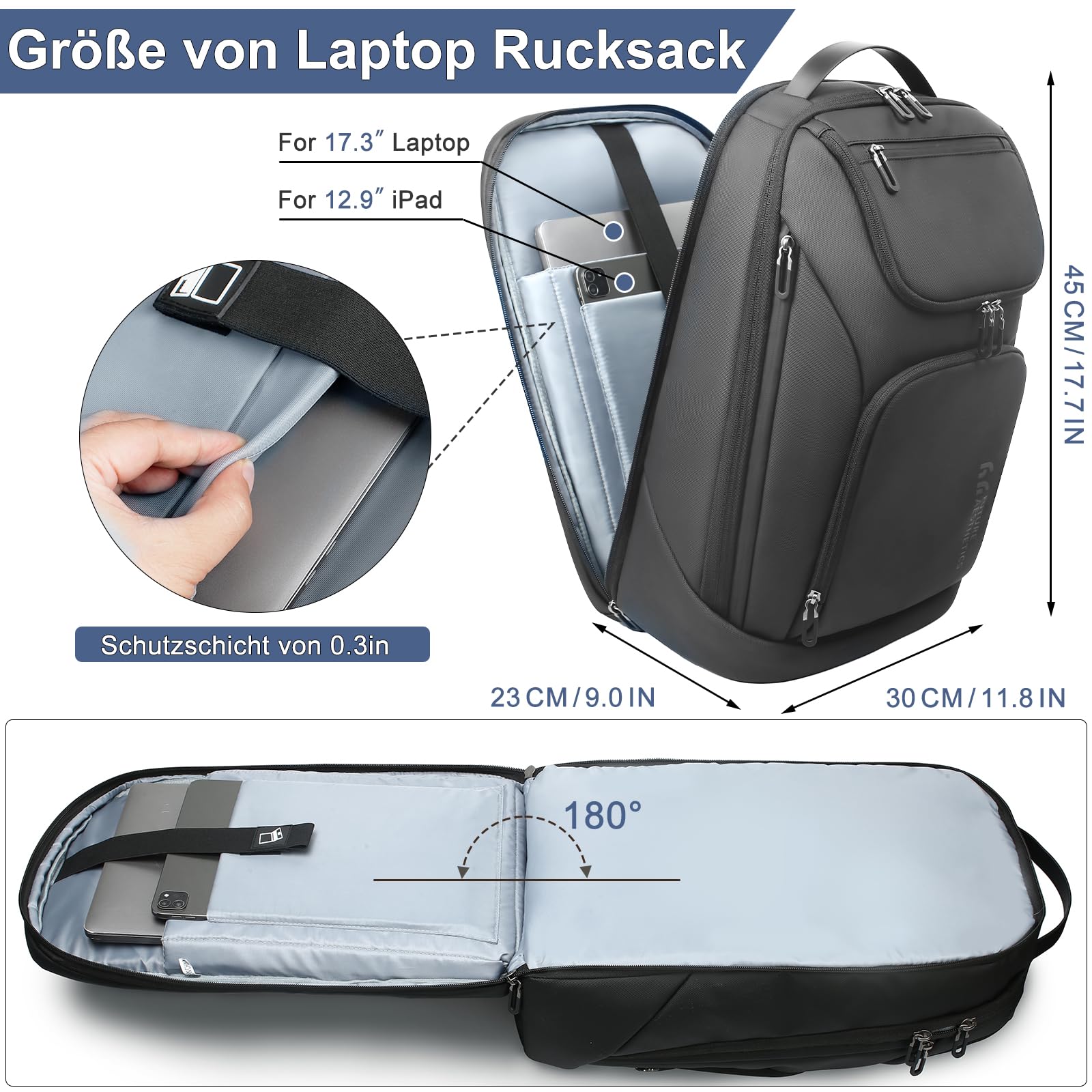 HEROIC KNIGHT Rucksack Herren Groß 30L Laptop Rucksack 17,3 zoll Business Rucksack Reiserucksack mit USB-Anschluss,Flug Genehmigt Bordgepäck Wasserabweisend Kabinenrucksack für Arbeit Business Reise 2