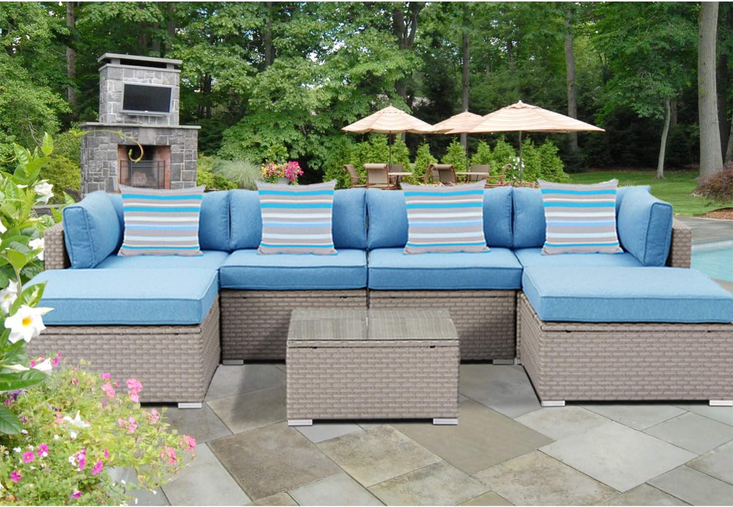Amazon Com Sunbury Outdoor Sectional 7 Piece Wicker Sofa In Pearl Gray W 4 Stripe Pillows Denim Blue Cushions Elegant Patio Furniture Chair And Table Set For Backyard Garden Porch Garden Outdoor
