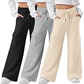 LessonZoo 3 Pack Girls Wide Leg Sweatpants Kids Cargo Baggy Pants Drawstring Casual Athletic Joggers for Teens 5-14 Years