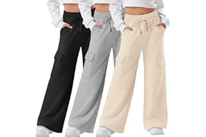 LessonZoo 3 Pack Girls Cargo Sweatpants Kids Wide Leg High Waist Drawstring Pants Casual Baggy Athletic Trousers (Ages 5-14)