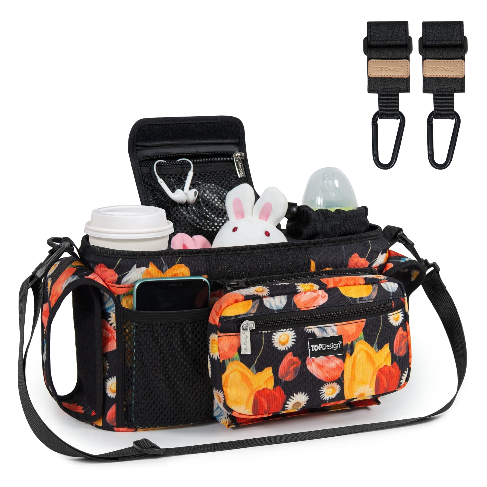 Photo 1 of TOPDesign Universal Baby Stroller Organizer, Stroller Caddy with Heightened Insulated Cup Holders & Non-Slip Secure Hooks Accessories, Fits Most Strollers, Machine Washable (Tulip)