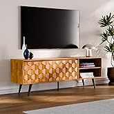 Bme Georgina Solid Wood, 10 Minutes Assembly Entertainment Center with Storage Geometric Pattern Console for Living, Bedroom, Dining Room, TV Stand 65 Inch, Teak Brown