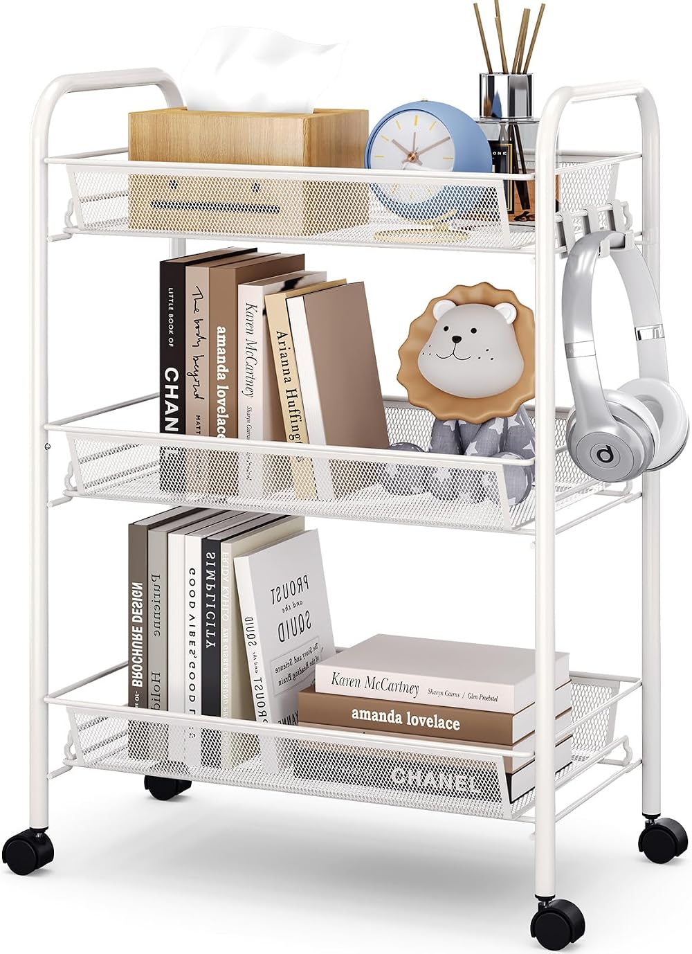 3-Tier Rolling Cart On Wheels White Easy Assemble Storage Trolley