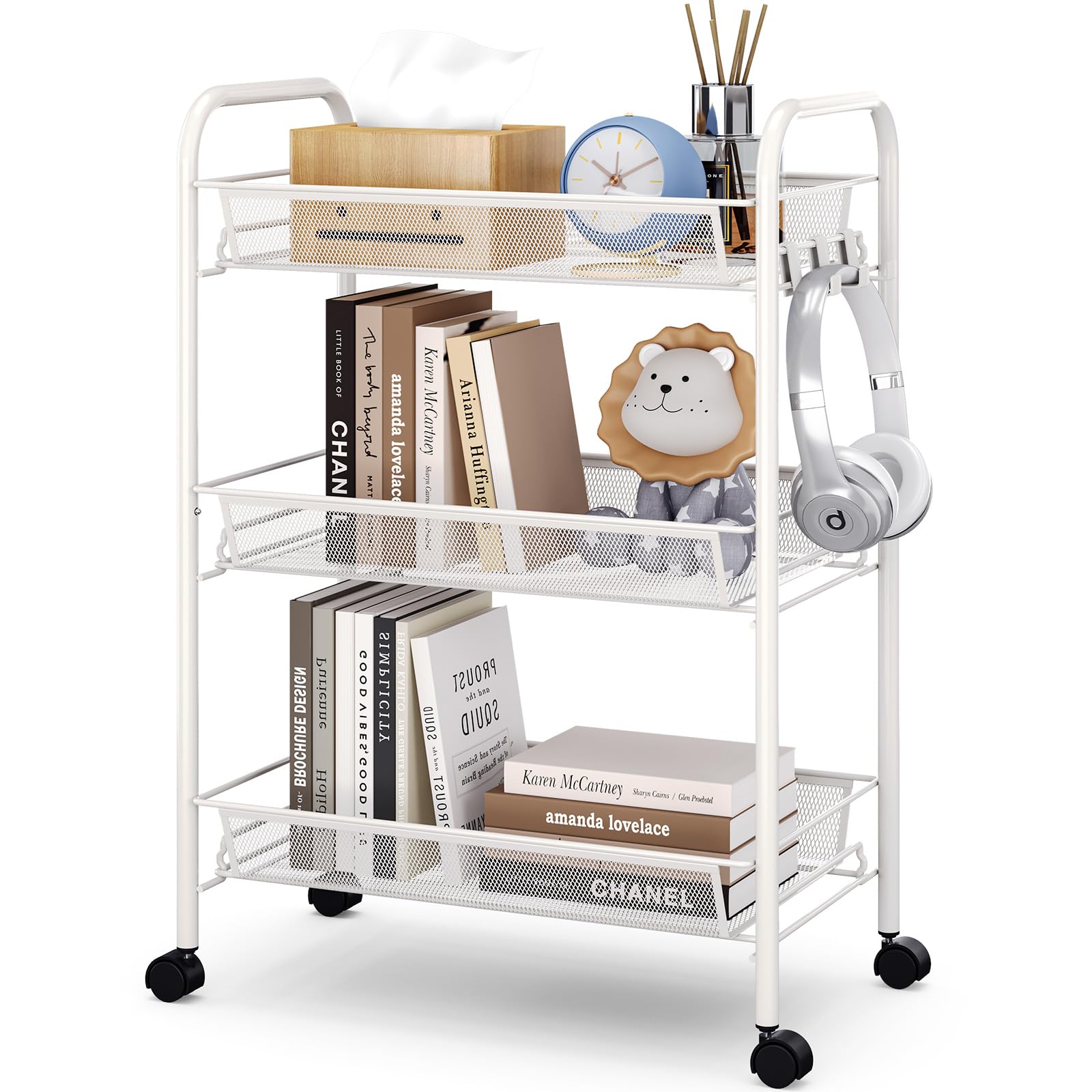 APEXCHASER 3-Tier Rolling Cart,Easy Assemble Mobile Storage Trolley On Wheels,Slide Out Utility Cart Shelving Units Kitchen Bathroom Laundry Room,White