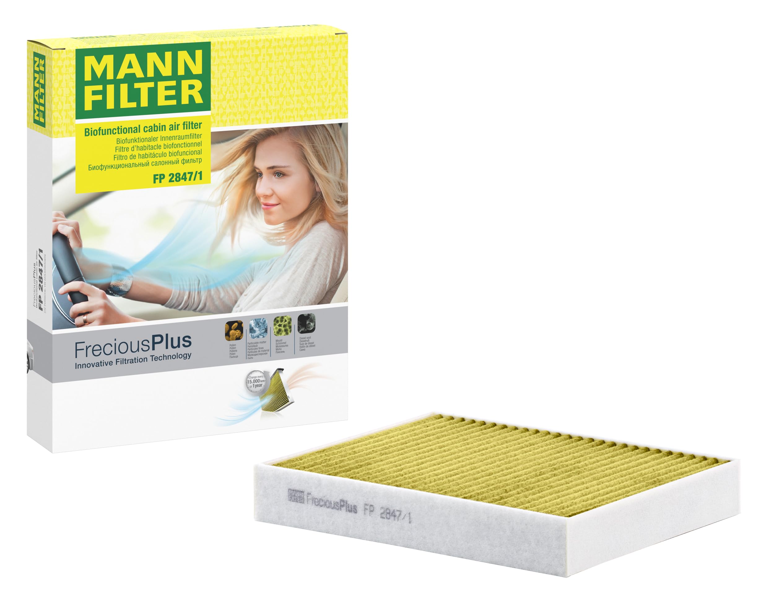 MANN-FILTER FreciousPlus Biofunctional Pollen Filter for Cars, FP 2847/1, Paper, 21.9 x 27.8 x 4.1 cm, 0.28 kg, Replacement Parts
