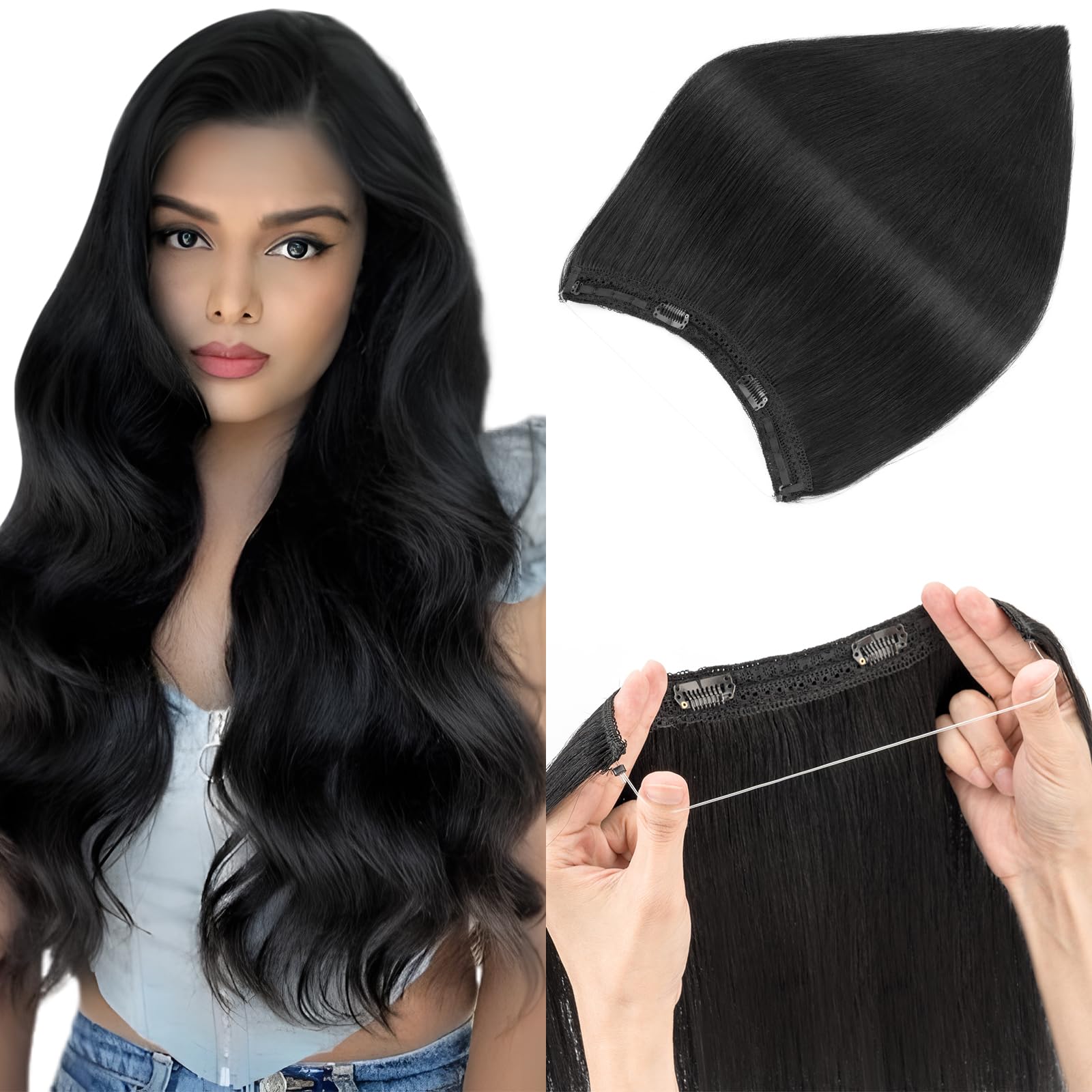 Elailite One Piece Invisible Secret Wire Clip Hair Extension Headband Real Human Hair Straight (#01 Jet Black, 22 Inch-75 g) — image 1