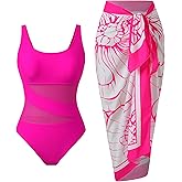 BAWHAHT Women’s One Piece Swimsuit with Skirt Mesh Tummy Control Retro Bathing Suit Set with Wrap Cover Up