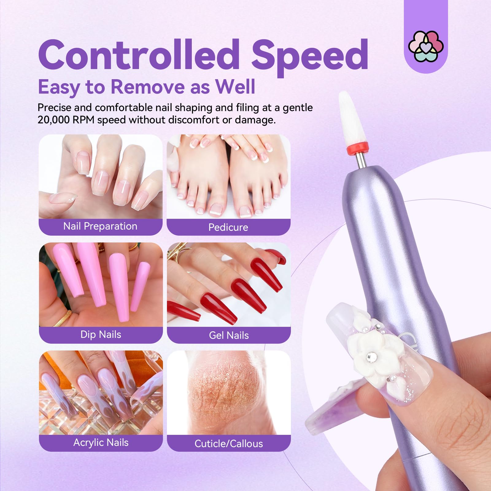 SAVILAND Portable Electric Nail Drill: Nail Drill Kit 20000RPM Purple Cuticle Bit Nail File 51 Sanding Bands Beginners at Home Manicure Pedicure - Image 5