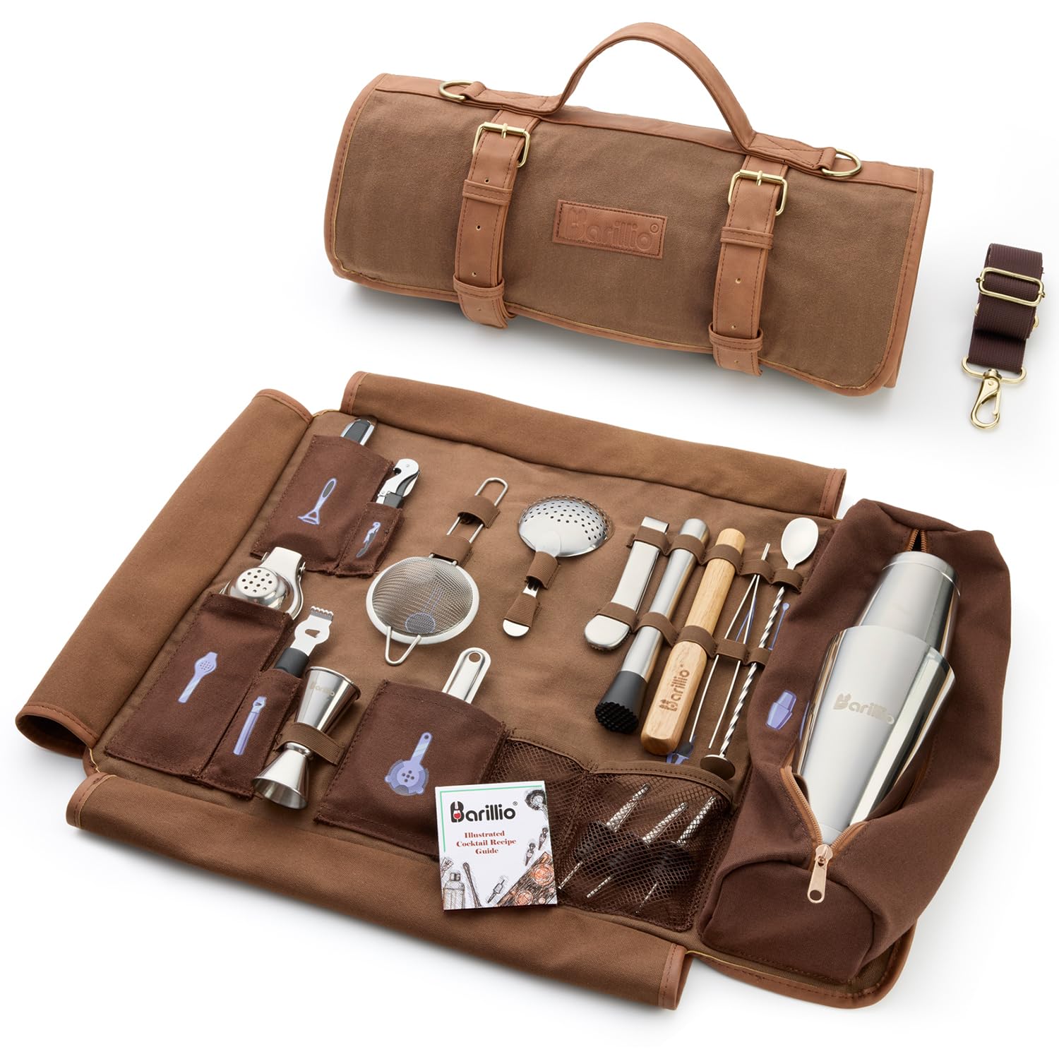 Barillio Bartender Kit Bag with Cocktail Shaker Set - Waxed Canvas, Traveling Bar Tools Bag with 17-Pc Cocktail Kit - Travel Mixology Bartending Kits - Mobile Bar Bag with Strap & Accessories - Silver
