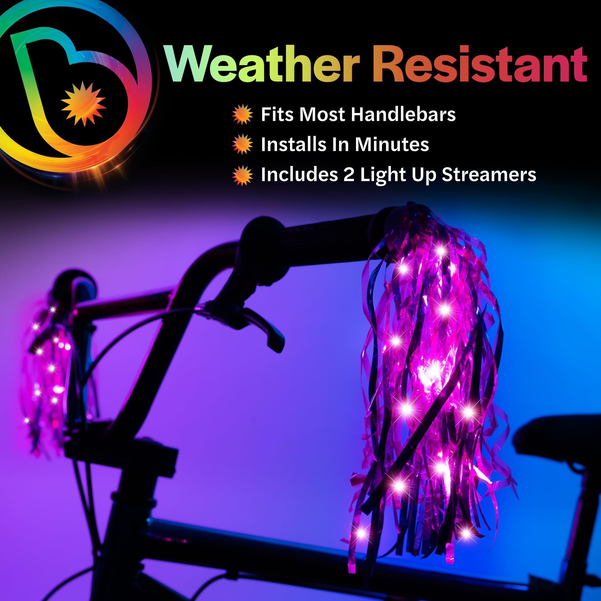 Brightz SparkleBrightz LED Light Up Bike Streamers, 2-Pack - LED Light Up Tassels for Bikes & Scooters - Add Glimmer & Shine to Your Handlebars - Batteries Included