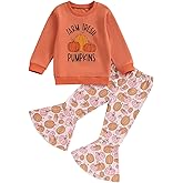 LAGKIYOJ Toddler Girl Halloween Outfits Long Sleeve Letter Print Shirt Pumpkin Flare Pants Sets Little Girl Fall Clothes (Brick Red, 6-7 Years)