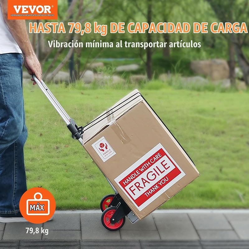 Carretilla de Mano Plegable de Aluminio Carga de 80 kg Carro de Mano de Alta Resistencia con Ruedas de Goma Mango Telescópico para Transporte Doméstico, Mercancías de Almacén Supermercado