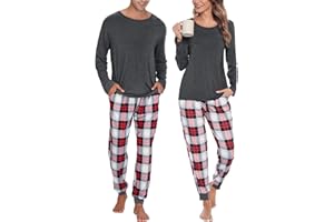 SWOMOG Couples Pajama Sets Women & Men Long Sleeve Sleepwear Top Plaid Pants Loungewear Set with Pockets
