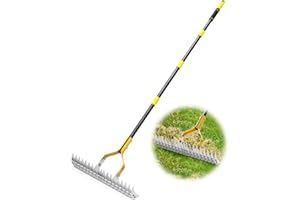 TRYDREAM 15-inch Thatch Rake & Dethatcher Rake - Heavy Duty Steel Head & Sponge Handle for Dead Grass Removal, Lawn Aeration, Soil Loosening Adjustable 5.84FT Durable Thatching Rakes for Lawns & Gardens