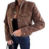 utcoco Women's Faux Suede Cropped Jacket Button Front Stand Collar Long Sleeve Short Moto Outerwear