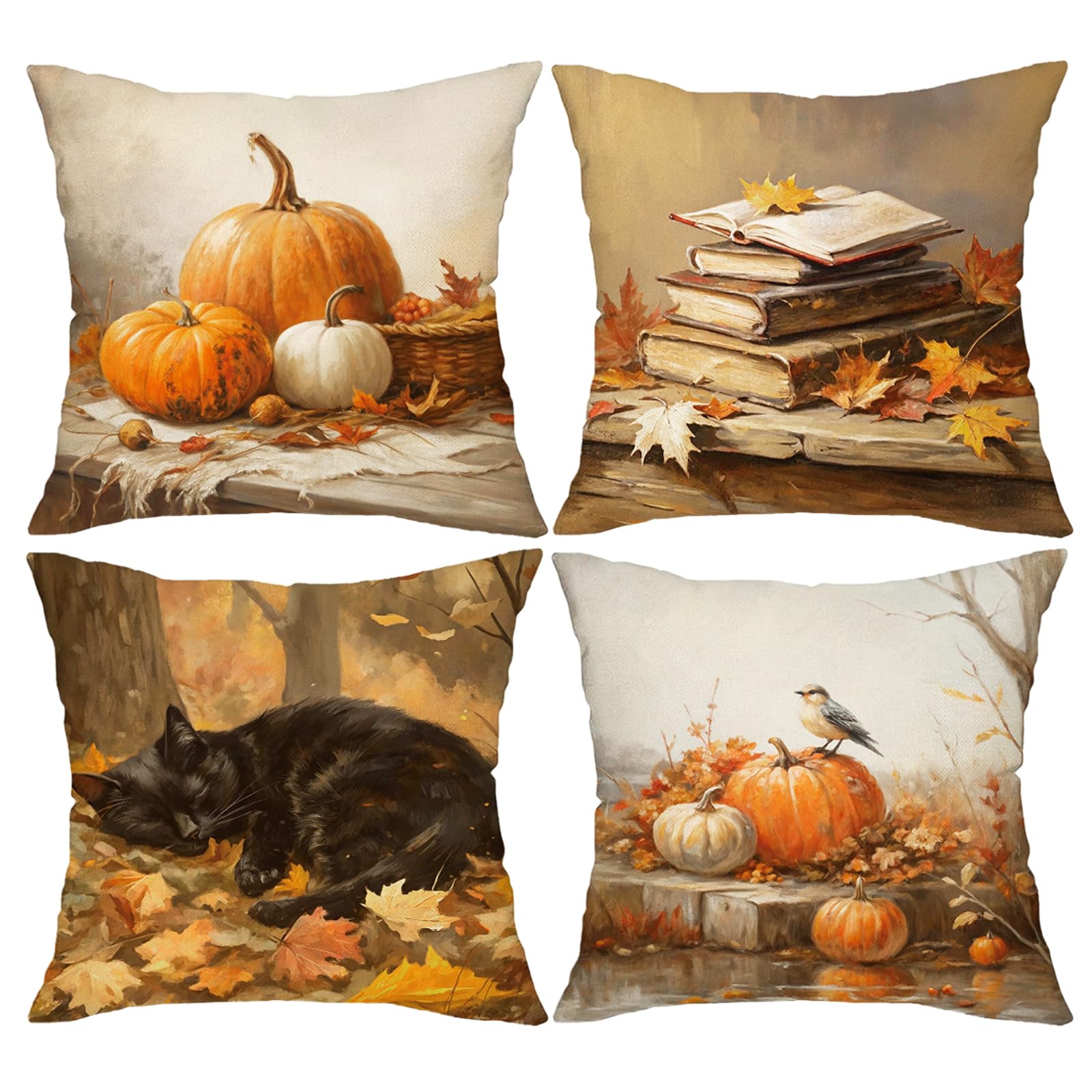 Photo 1 of Fall Throw Pillow Covers 18x18 Set of 4 Autumn Decorations Burnt Orange Pumpkin Black Cat Books Bird Mid Century Halloween Modern Farmhouse Pillowcase Home Decor for Sofa Couch Porch Bed Living Room