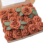 Floroom Artificial Flowers 25pcs Real Looking Burnt Orange Foam Fake Roses with Stems for DIY Terracotta Wedding Bouquets Bridal Shower Centerpieces Floral Arrangements Party Tables Home Decorations
