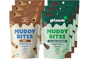 Muddy Bites Waffle Cone Snacks Bite Sized Filled Waffle Cone Bites for Snack or Dessert, Milk & Girl Scout Thin Mints™, Made with Cane Sugar, Kosher, Fair Trade Certified (Variety Pack, 6 Bags)