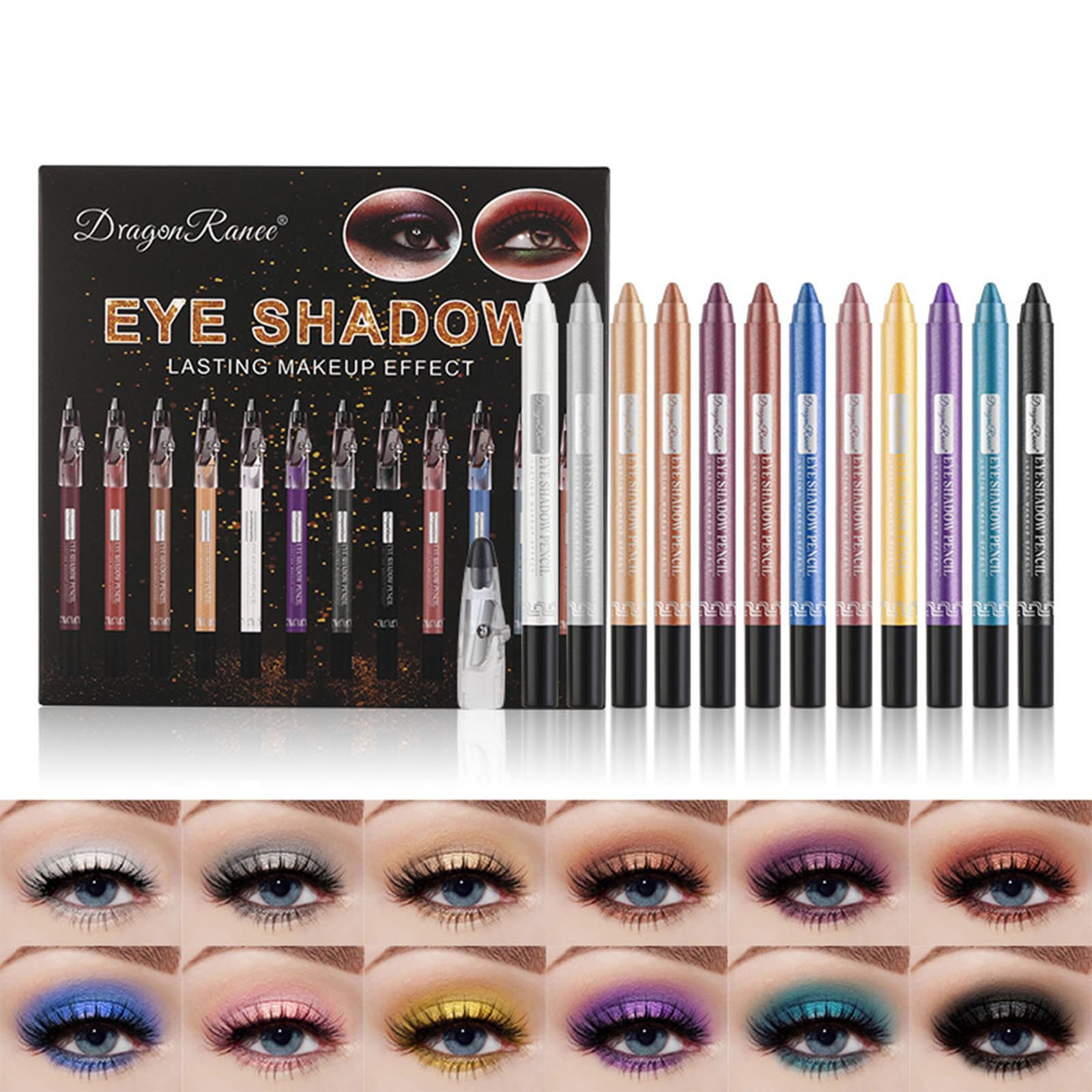 RoseFlower 12 Colors Eyeshadow Pencil Crayon - Waterproof & Long Lasting Stick With Shimmer Cream - Glitter Eye Makeup Pen, Easy to Use - Gift for Women